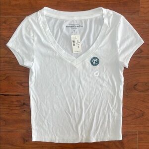 NWT Aeropostale Senously Soft White Ribbed V Neck Short Sleeve Baby Tee Shirt